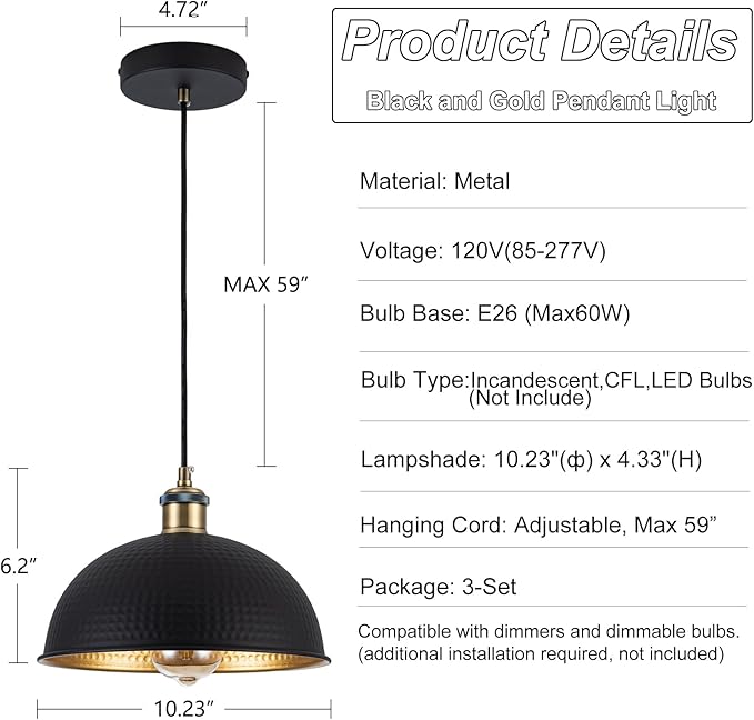 10“ Industrial Black Gold Pendant Lights Vintage Mini Dome Pendant Light Fixtures with Golden Finish Rustic Farmhouse Black Pendant Lights for Kitchen Island, Dining Room, Bedroom (Set of 3)