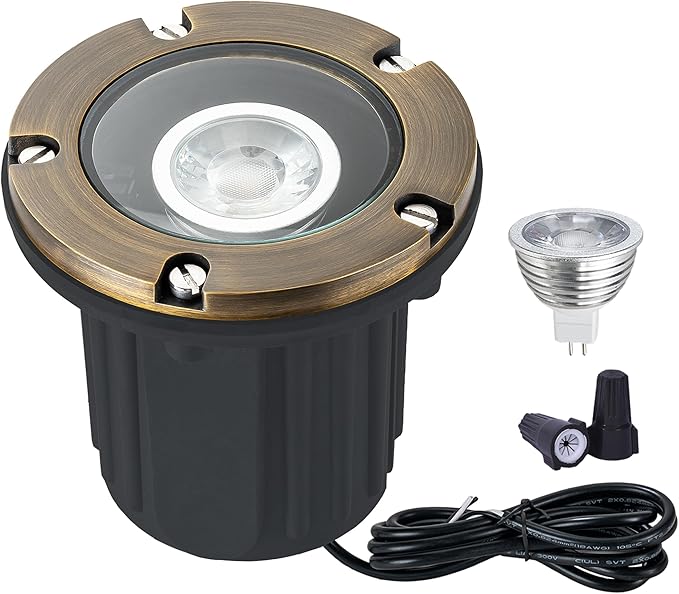 LumStory Brass Well Lights Landscape LED Low Voltage Landscape Lighting 12V Outdoor In Ground Lights for Pathway, Driveway, Deck and Garden, with MR16 GU5.3 Bulb 3000K Warm White (Flat Top)