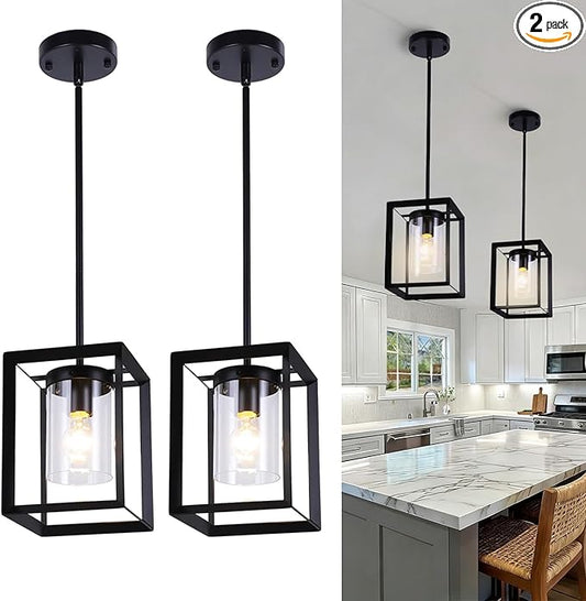 COTULIN 2 Pack Black Pendant Lights for Kitchen Island, Farmhouse 1-Light Iron Cage Metal Hanging Light with Clear Glass Shade, Industrial Lighting Fixtures for Living Room Bedroom Hallway Foyer