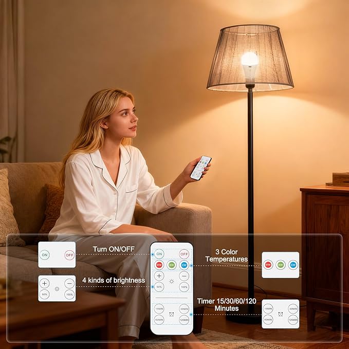 Rechargeable Light Bulbs with Remote Control, Dimmable Battery Operated Light Bulbs with 3 Color Temps and 4 Timer, A19 Wireless Light Bulbs for Sconce, Not-Hardwired, 1 Pack