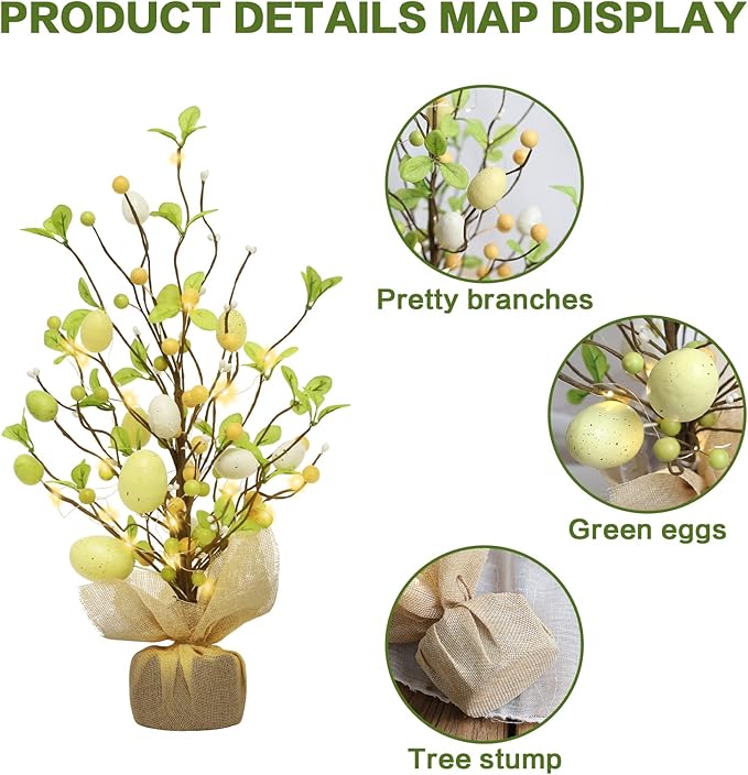 RoseCraft Easter Decorations, 18 Inch Pre-Lit Easter Egg Tree Tabletop Decor with Delicate Ornaments, for Home Party Wedding Holiday Spring Summer Decoration, Yellow/White.