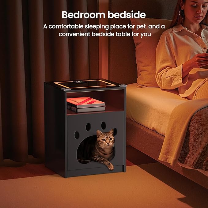 Night Stand with Charging Station and LED Lights Smart Bedside Table Adjustable RBG Lighting Decorative Cat Door Modern Nightstand Glass Tabletop Wood End Tables for Bedroom,Office