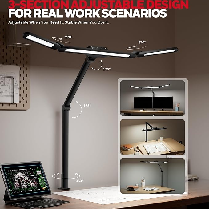 Honeywell Wide Desk Lamp with Clamp for Dual Monitors,22W Full-Spectrum Eye-Caring LED Light Bar for Home Office, 3-Section Adjustable Design with Stepless Dimming