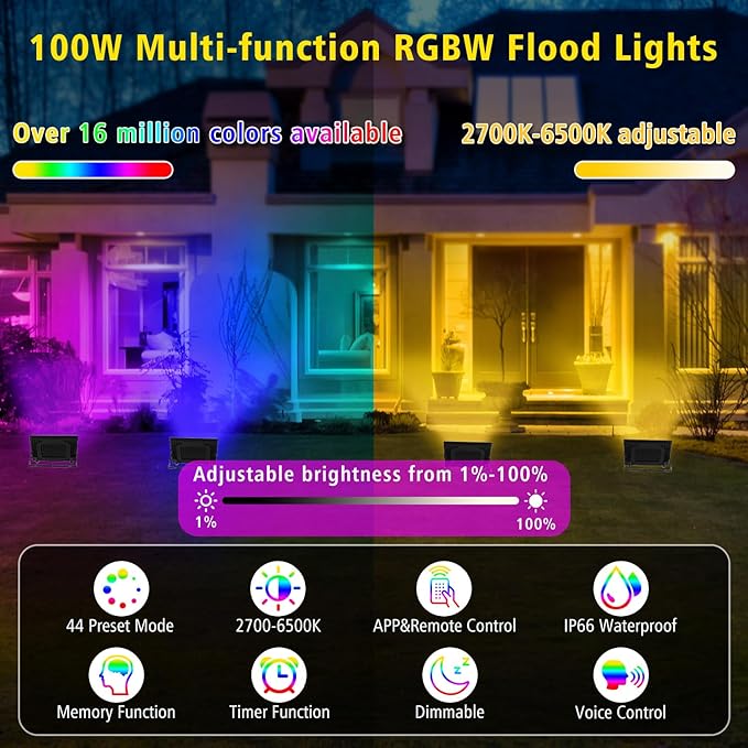 T-SUN RGB Flood Lights Outdoor, 1000W Equivalent Color Changing Landscape LED Light with APP & WiFi & Remote Control, Waterproof Floodlight with 16 Million Colors, Timing, Music Sync (100W-2Pack)