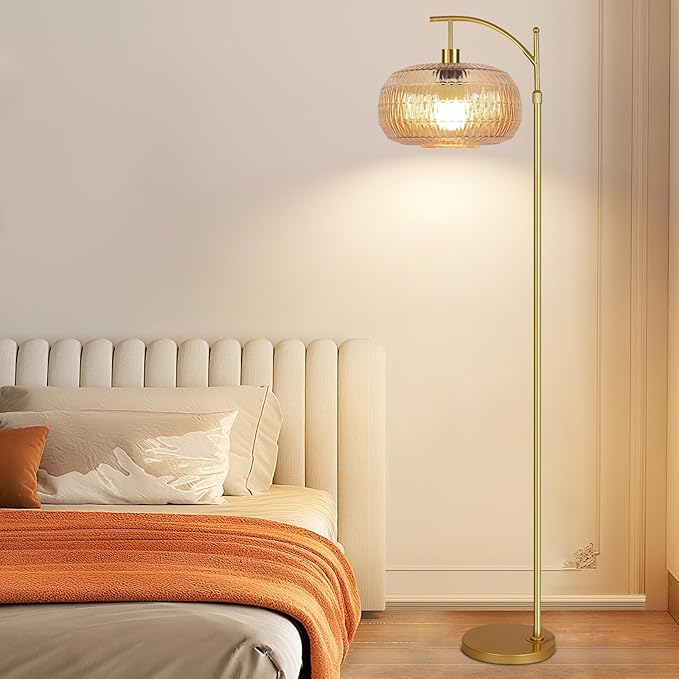 Glass Floor Lamp for Living Room,Bedroom,Gold Mid Century Modern Standing Lamp with Remote,Dimmable Brass Tall Lamp Amber Lamp Vintage Retro Arc Floor Lamps Floor Light Boho Bohemian