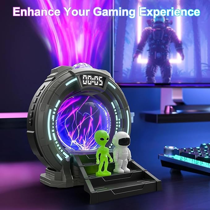 Northern Lights Projector with Plasma Ball Lamp, White Noise, Music Speaker, Alarm Clock & Remote, Stargate Astronaut Galaxy Aurora Night Light Projector for Bedroom Gaming Birthday Valentines Gifts