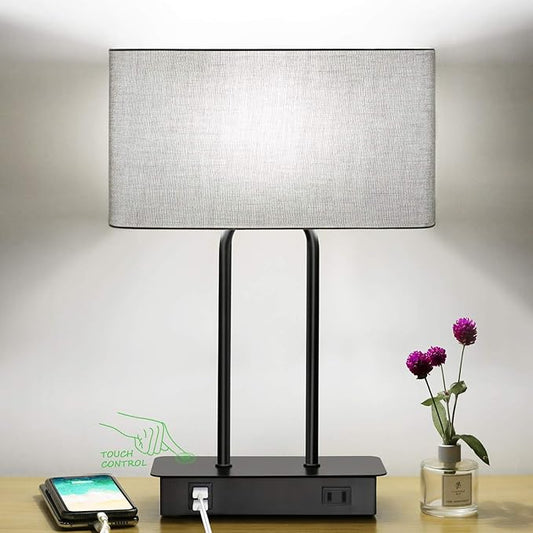 Lakumu Bedside Touch Control Table Lamps with Dual USB Charging Ports 1 AC Outlet, 3 Way Dimmable Modern Nightstand Lamp with Grey Fabric Shade, Desk Lamp for Bedroom Living Room with 5000K LED Bulb