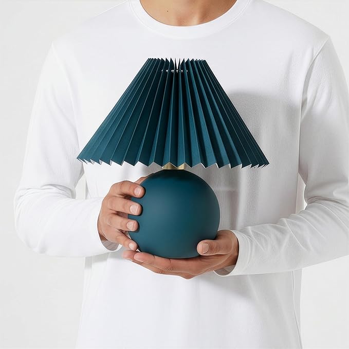 Brightech Serena LED Table Lamp - Small 10" Modern Ceramic Lamp with Pleated Shade for Bedside, Nightstand, Desk - Mini Night Light with Cozy Soft White Light for Living Room, Bedroom - Teal