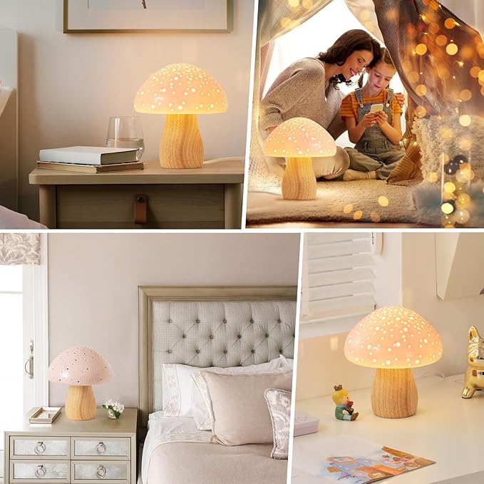 BOHON Mushroom Lamp, Ceramic Bedside Table Lamp for Bedroom Nightstand, Vintage Cute Night Light, Small Lamp for Living Room Kids Desk Home Decor Girls, LED Bulb Included, Pink