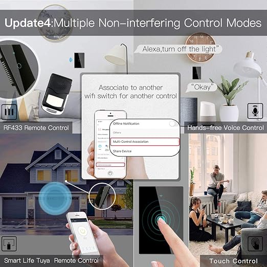 MoesGo WiFi Smart Wall Light Switch,Glass Panel, Multi-Control(3 Way), 2.4GHz Wi-Fi Touch Switches, Neutral Wire Required, Remote Control Smart Life/Tuya App, Work with Alexa, Google Home Black 1 Gang