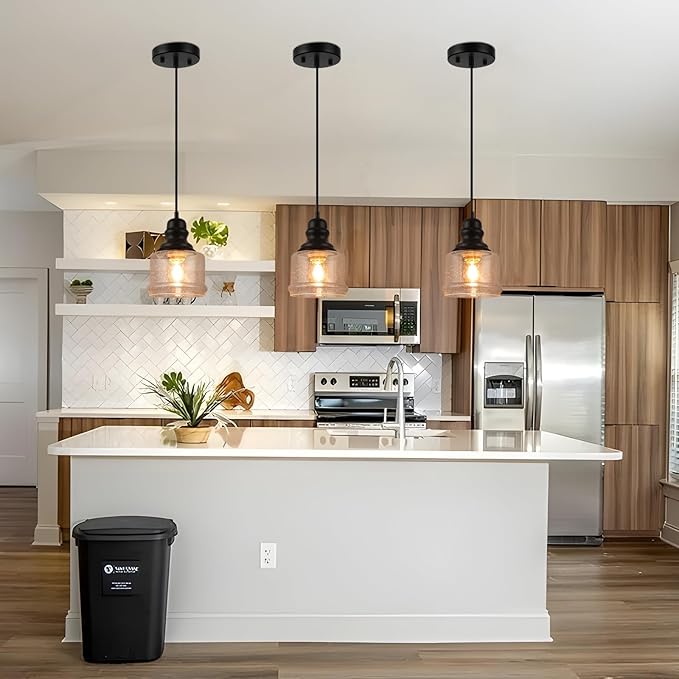 WILON Industrial Pendant Light, 4'' Black Seeded Glass, Farmhouse Kitchen Island Lighting, Adjustable Ceiling Light for Dining Room, E26 Bulb Base, Dimmable
