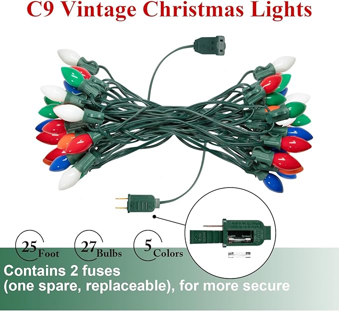 C9 Ceramic Multicolor Christmas String Lights, 25FT Vintage Christmas Lights Green Wire with 25+1 Multicolored C9 Light Bulbs, Hanging String Light for Xmas Tree Home Yard Party Decor, 7W, E17 Base