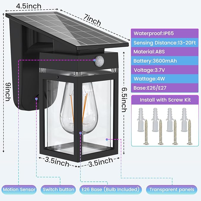 RGB Solar Wall Lights Outdoor, Dusk to Dawn & Motion Sensor Porch Light with Lantern Shape, 10 Modes (RGB Cycle/Fixed) IP65 Waterproof, E26 Bulb Exterior Sconce for Front Porch, Garage, Patio