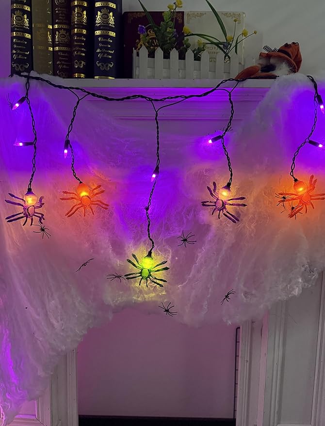 7Ft Halloween Spider Curtain String Lights Outdoor Waterproof, 25LED Plug-in Halloween Decorations with 10 Colorful Spider Lights, Spooky Party Decor for Haunted House, Patio, Porch, Yard, Window