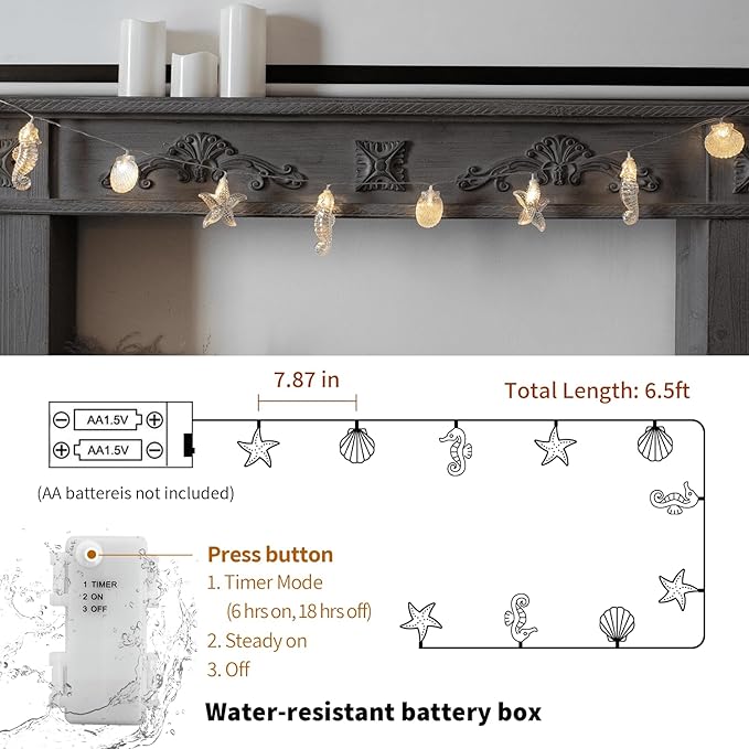 YOLIGHT Seashell Starfish Seahorse String Lights Timer 6.5ft 10 LED Ocean Fairy Lights Battery Operated Under The Sea Decoration for Tropical Nautical Theme Party Beach Wedding Kids Room Décor