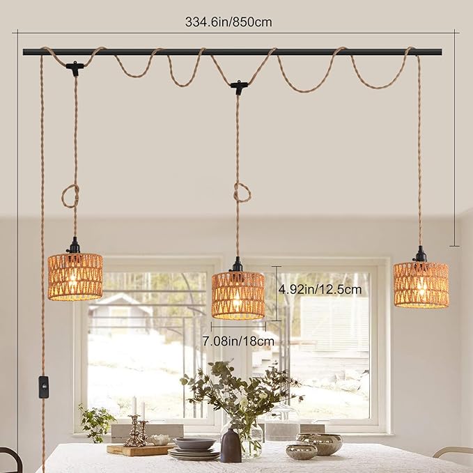 3-Light Hanging Light with Plug in Cord,Plug in Pendant Light 22ft Hemp Rope Pendant Lighting Vintage 3-Light Hanging Lamp Fixtures for Kitchen Island Living Room Bedroom