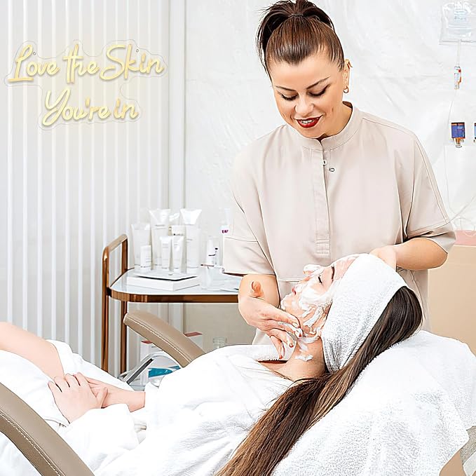 Love the Skin You're in'' Neon Sign Facial Spa Neon Light for Wall Decor Warm White Letters Neon Lights Beauty Salon Sign for Business Skin Care Salon Beauty Shop Decorations