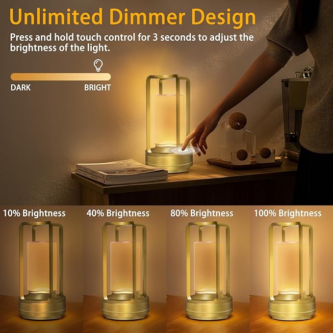 Cordless Rechargeable Table Lamps, Portable Lumisom Crystal Small Lantern Lamp with Touch Control & 3 Color Dimmable, 4000mAh Battery-Powered Klarako Crystal Desk Lanter for Outdoor Indoor (Gold)