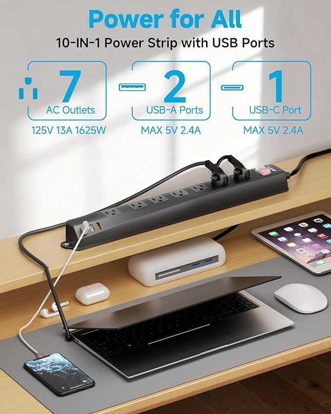 Outdoor Power Strip Weatherproof IPX6,1625W/13A 10 Ft Extension Cord with Multiple Outlets,7 AC & 3 USB, Wall Mount for Camping,Poolside,Garden,Workshop,Black