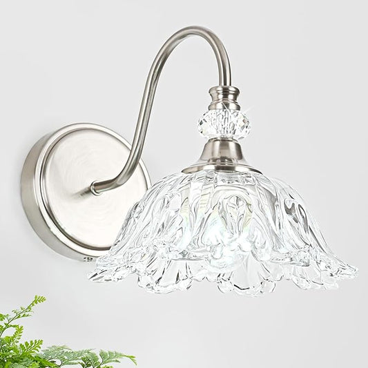 1 Piece Brushed Nickel Wall Sconce with Floral Clear Glass Shade, Brushed Nickel Finish Wall Mount Lighting for Bathroom, Modern Bathroom Vanity Light Fixture