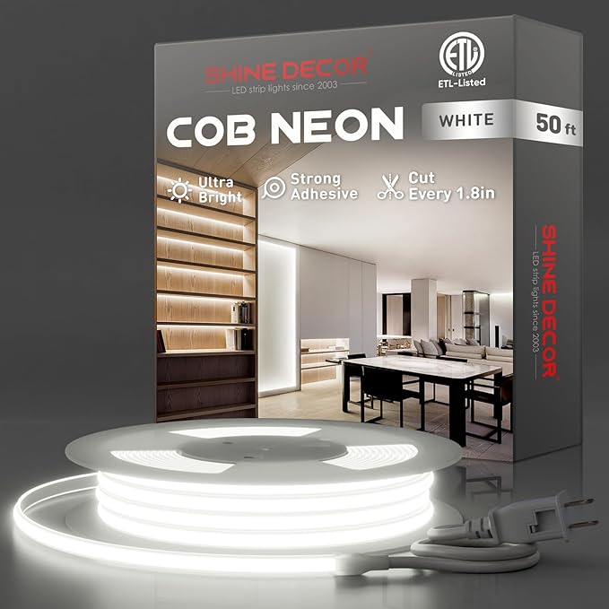 Shine Decor COB LED Rope Light AC 120V, 800lm Ultra Bright, IP65 Waterproof Cold-Resistant ETL Neon Strip, No Driver Tape Lighting for Home Commercial 10x4.5mm, 6000K Cool White, 50ft