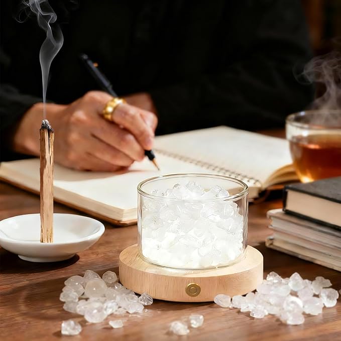 Quartz Crystals Lamp with Wooden Base & Palo Santo for Energy Cleansing, Spiritual Gift for Women, Chakra Light for Meditation Reiki Yoga Birthday Healing Crystals Home Office Decor Bedroom