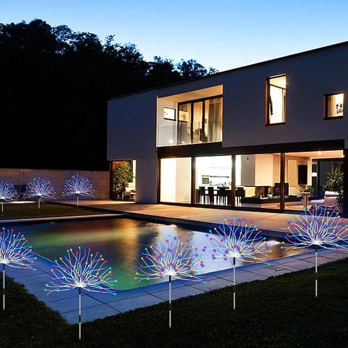 Outdoor Solar Garden Lights,Firework Lights 4 Pack Waterproof Decorative Pathway Lights,120Led Firefly Lights Solar Outdoor Decor for Courtyard Garden Party Yard Decorations Outdoor,Colorful
