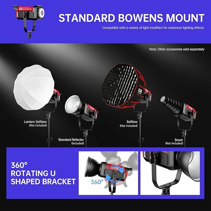 GVM 300C RGB Video Light, 300W Studio Light 2000K-10000K,48,200 Lux@ 1m with Reflector Photography Lighting with Bowens Mount & DMX Control, Studio Light for Film Recording,16 Lighting Effects