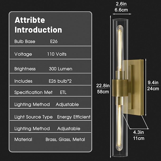 Brass Bathroom Vanity Light, 2-Light Bathroom Wall Sconce Over Mirror, 22.8" Gold Vanity Light for Bathroom, Dimmable Vanity Sconce with Glass Tube, Bathroom Linear Sconce for vertical and horizontal