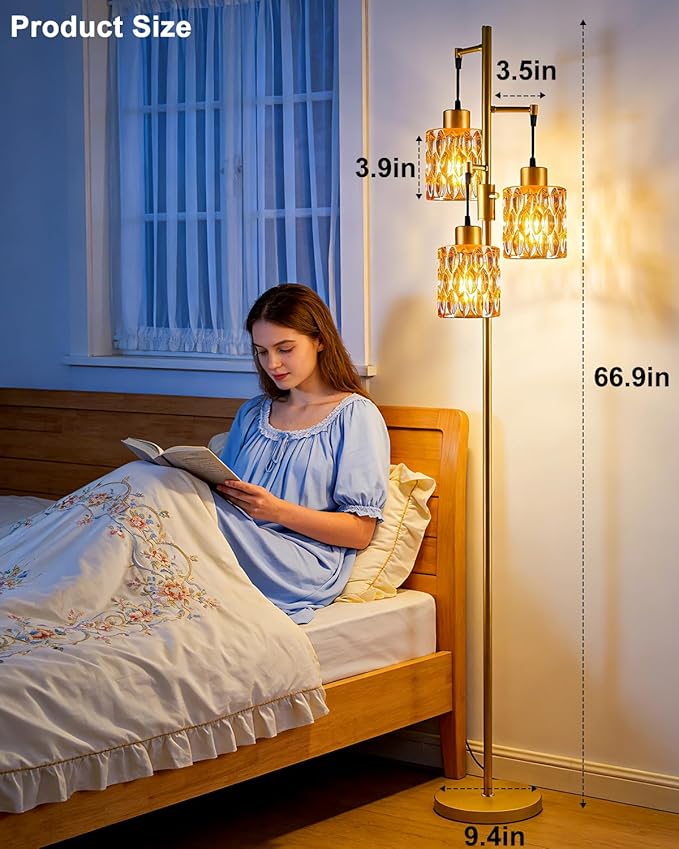 Lightdot 67" 3-Light Glass Floor Lamps for Living Room, Dimmable Floor Lamp with Brown Glass Shade& E12 Bulbs Included, Mid Century Standing Tall Lamp for Bedroom/Sofa Beside/Corner Decor-Gold