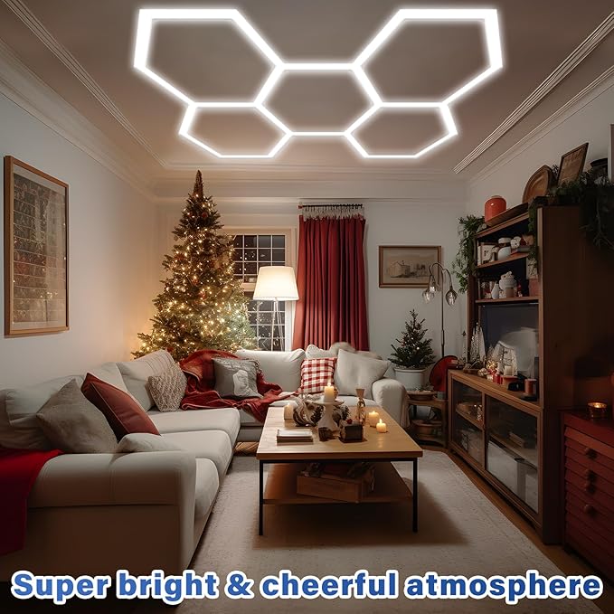 ALLYES Hexagon LED Garage Light, 5 Packs Hex LED Lights, 144W 17280LM 6500K White Super Bright Lighting, Car Detailing Ceiling Light for Workshop Warehouse Basement Gym