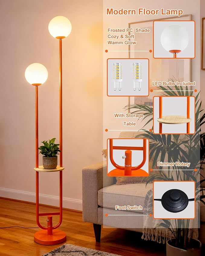Lightdot 63IN Orange Floor Lamp with U Pole, 2 Globe Mid Century Standing Lamps with Bulbs Included, Unique Vintage Dimmable Tall Floor Lamp for Living Room/Wedding/Party/Sofa Beside/Corner Decor