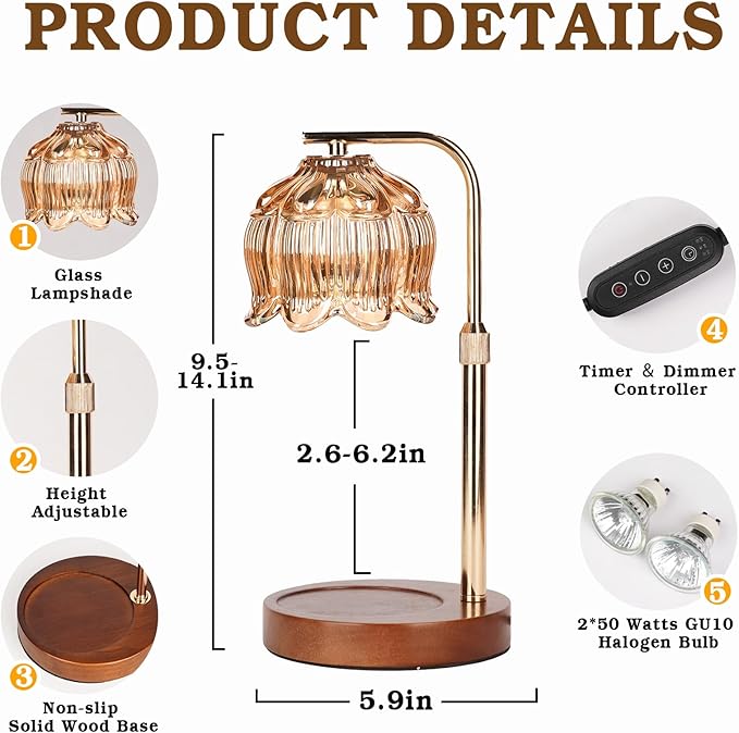 Candle Warmer Lamp for Yankee Candles, Height Adjustable Candle Heater Lamps with Timer, Christmas Birthday Gifts for Women Mom, House Warming New Home Room Decor, with 2 Bulbs