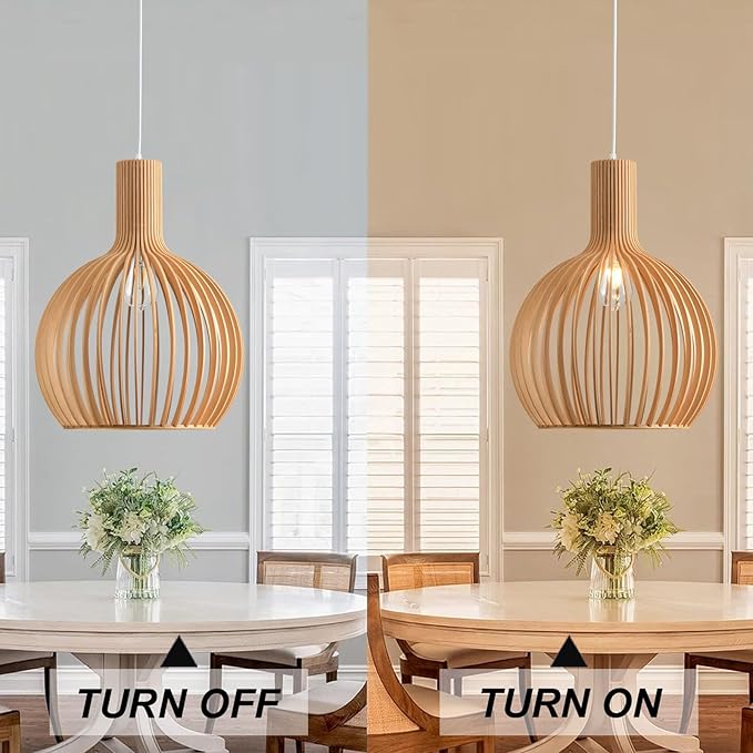 Wood Pendant Light, Natural Weaving Hanging Lamp, E26 Base Wooden Hand Made Chandelier, Boho Height Adjustable Dining Table Hanging Lamp for Bedroom Bar Café Kitchen Island Hallway Living Room