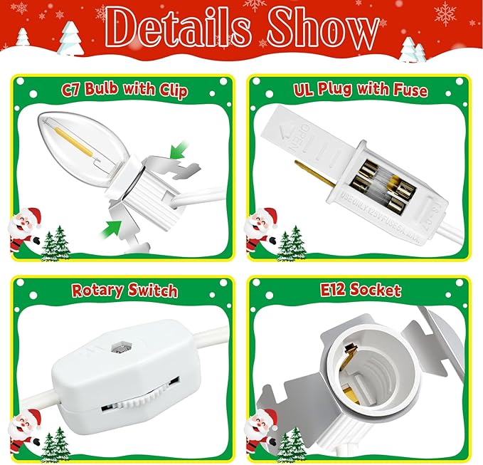 Accessory Cord with 9 LED Light Bulbs, 14.8ft Christmas Village Lights C7 Light Cord with Switch & 2 Fuse for Salt Lamp, Halloween Pumpkin, Xmas Village House Blow Mold