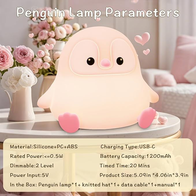 Penguin Night Light for Kids,Cute Pink Penguin Touch Lamp,Soft Silicone Nursery Nightlight,LED Squishy Novelty Animal Bedside Lamp,Rechargeable/Dimmable/Timer Desk Lamp,Kids Room Decor