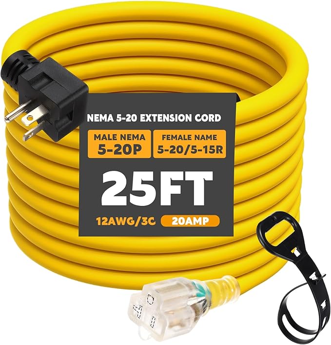 Kanayu 25FT NEMA 5-20 Extension Cord, 5-20P Male Plug to 5-20/5-15R Female Receptacle, 20 Amp T-Blade Outlet Extension Power Cord with Indicator Light, 12 AWG, ETL Listed