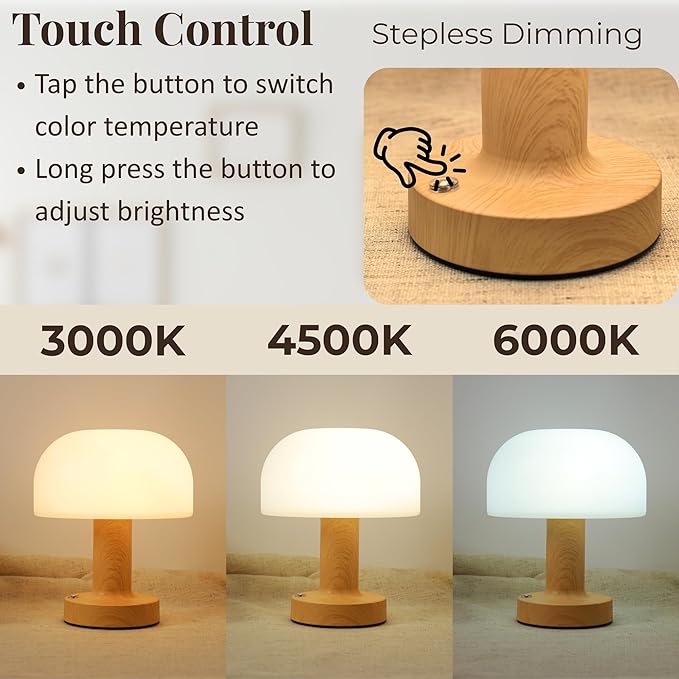 Small Mushroom Table Lamp, Cordless Night Light with 2600mAh Rechargeable Battery, Stepless Dimming Desk Lamp with 3 Colors for Bedroom/Patio/Living Room (Black-1)