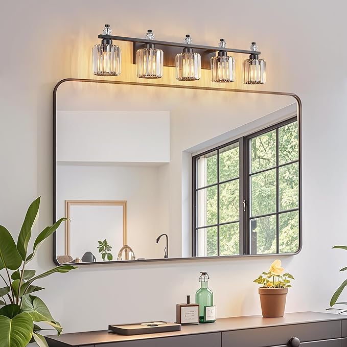 Bathroom Vanity Lights 5-Light Sand Black Modern Crystal Vanity Light Fixtures Over Mirror Crystal Bathroom Vanity Lighting Fixtures