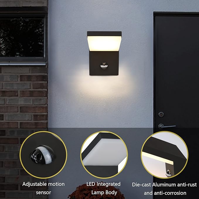 2 Pack Motion Sensor Porch Light Outdoor Wall Mount Black Exterior Light Fixture LED Modern Wall Sconce for House Garden Patio Garage IP54 Waterproof 1800lm 18W 3000K Warm White