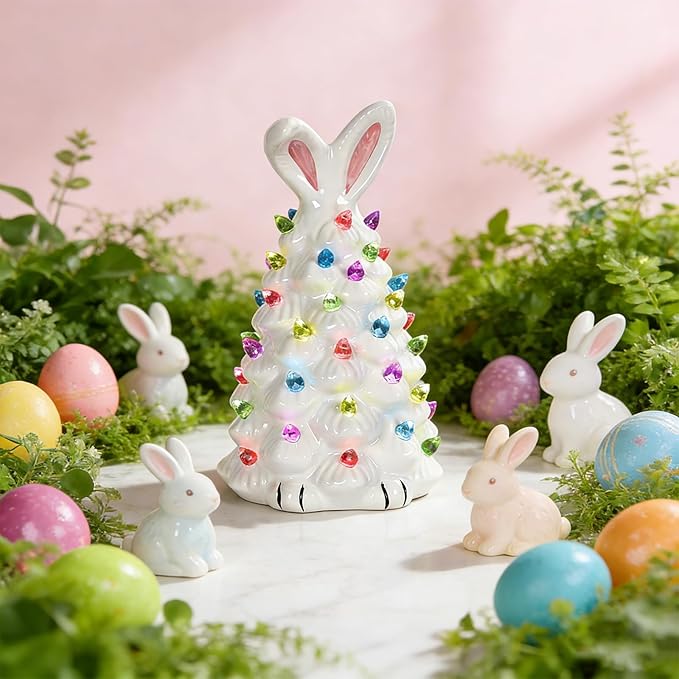 Cute Ceramic Easter Tree Bunny Decor, Light up Easter Bunny Decor Spring Decorations for Indoor Bedroom Office Decor Tabletop for Kid Gifts (White)