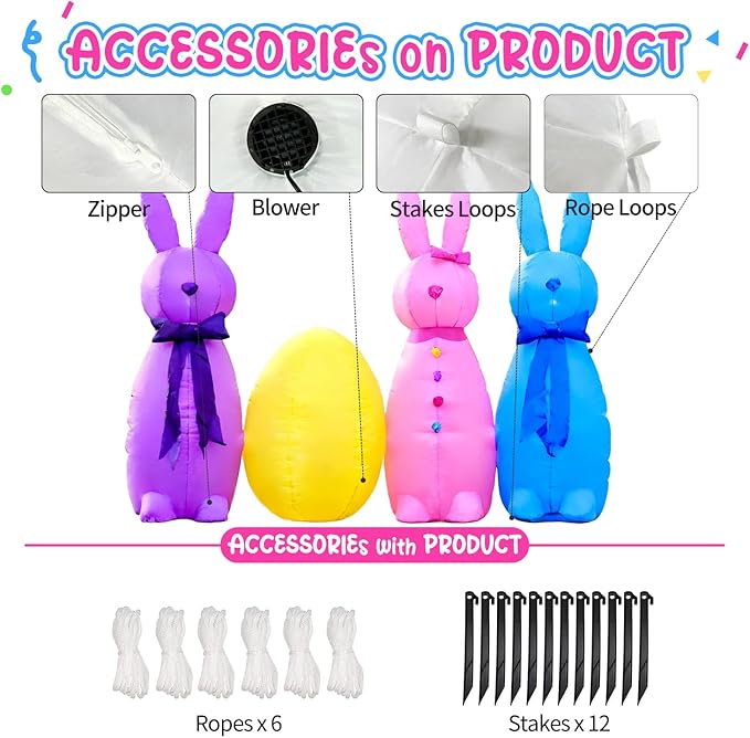 DomKom 6FT Long Easter Inflatable Bunny Outdoor Decorations, Build-in LED Lights Holiday Blow Up Yard Decoration, for Easter Holiday Party, Outdoor,Garden, Yard Lawn Décor