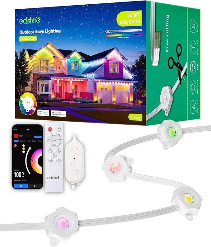 EDISHINE Permanent Outdoor Christmas Lights Pro, 100ft 60 LED Smart RGB+IC+Warm White Cuttable Eave Light, App/Remote, 111 Scene Modes, IP67 Waterproof for House Daily Decor, Alexa Google Enable