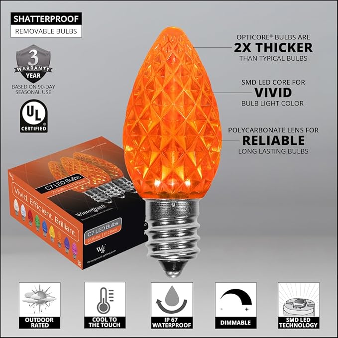 Wintergreen Lighting C7 OptiCore Commercial Orange Christmas Lights – LED Bulbs for Halloween, Party; Heavy Duty 18 Gauge Green Wire (100 Lights, 100 ft, Amber/Orange)