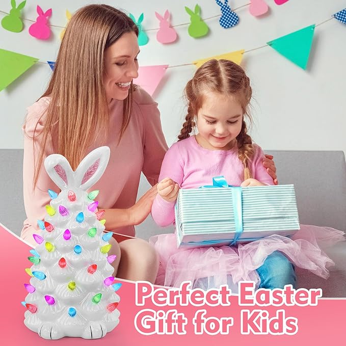 Light up Easter Bunny Decor Glowing Tree, Cute Ceramic Tree Bunny Decorations for The Home Indoor Bedroom Office Decor Tabletop, Easter Night Light for Kids Gifts (White)