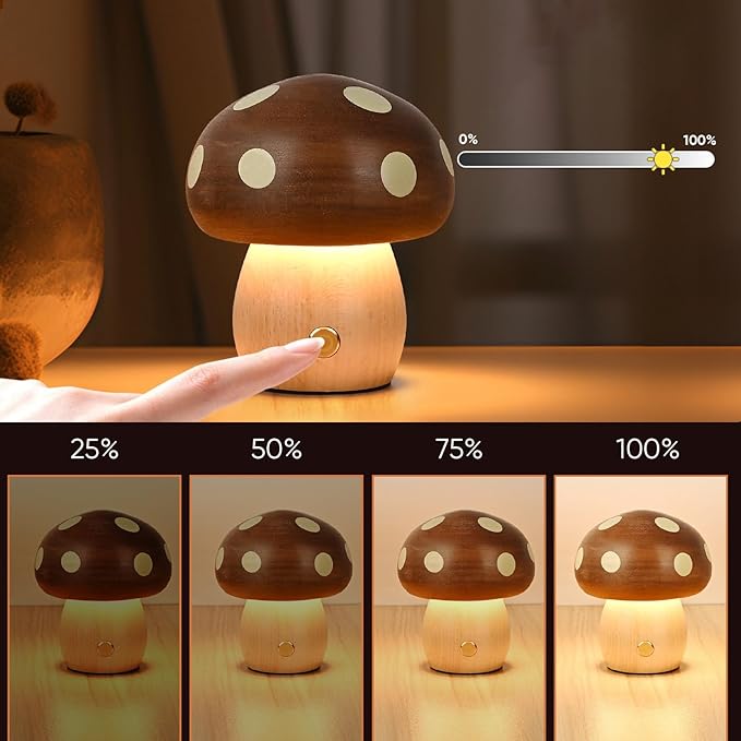 Wooden Mushroom Lamp - Rechargeable Touch Mushroom Night Light, Aesthetic Bedside Light Nature Decor Creative Gifts (Ebony + Beech)