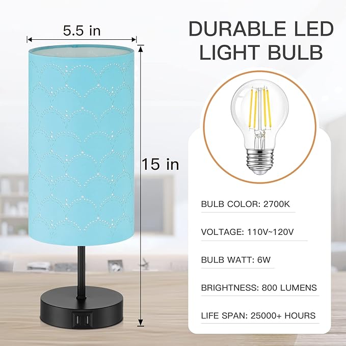 Touch Control Bedside Lamp with 2 USB Ports, 3-Way Dimmable Table lamp for Bedroom, Nightstand Lamp with Round Blue Fabric Shade for Living Room Home Office (E26 LED Bulb Included)