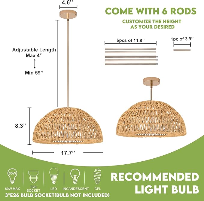 Rattan Boho Chandelier Dinning Light Fixture,17.7'' Rattan Pendant Light,Boho Hand Woven Chandelier Hanging Light Wicker Chandeliers for Kitchen Island Light Living Room Bedroom Farmhouse Nursery