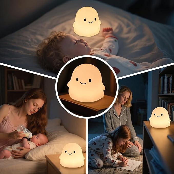 Halloween Ghost Night Light, 50-Hour Battery & Pat Control, Cute Squishy Lamp for Kids Room Decor, USB Rechargeable with Timer, Cute Home Decor