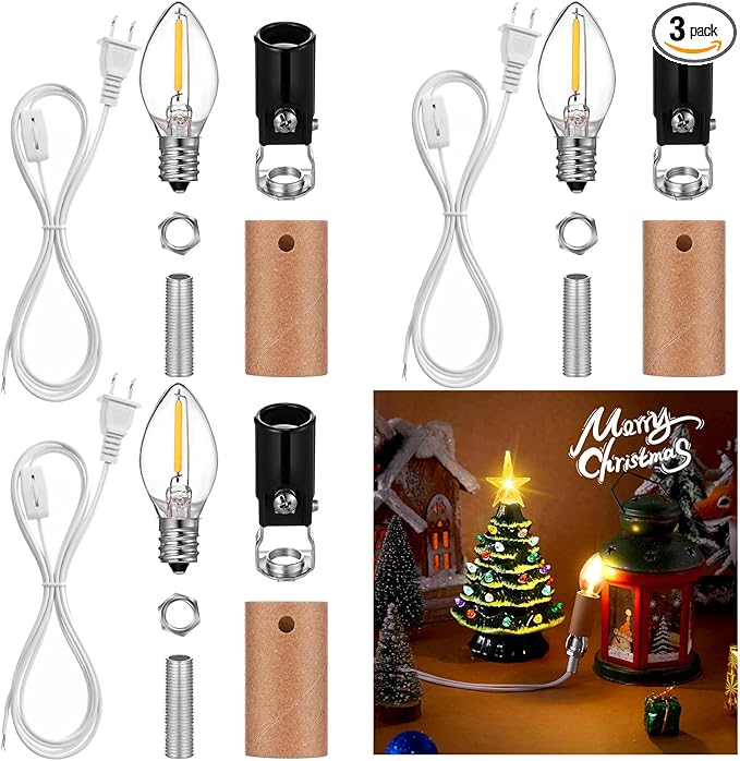 Honoson 3 Pack Small Christmas Tree Wiring Kit with LED Bulb, Ceramic Christmas Tree Replacement Lights, E12 Candelabra Base, Lamp Wiring Kit Nice for Desk Lamp Lighting and DIY Projects